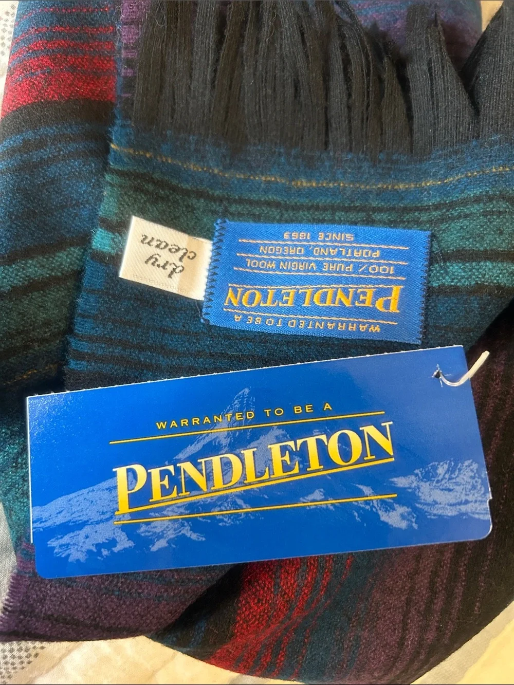 Pendleton Southwestern Teal, Blue and Red Jewel-tone 100% Pure Virgin Wool Scarf